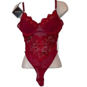 Sexy Siren Red Lace Floral and Mesh Bodysuit Womens Large